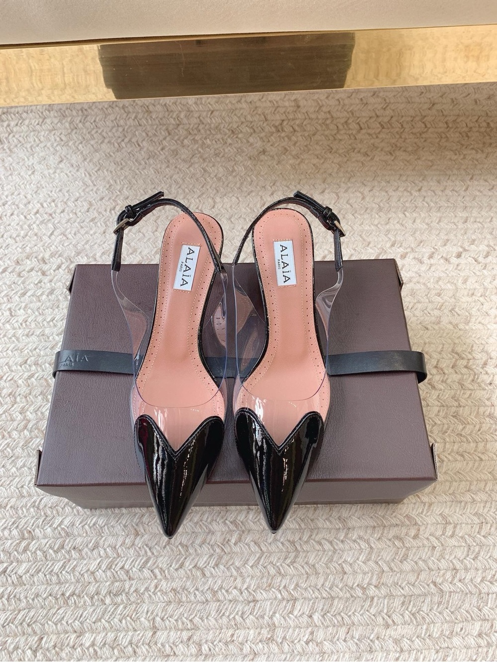 Alaia Black Patent and Clear Pointed Toe Slingback Pumps with Pink Insole